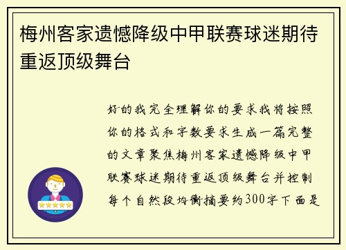 梅州客家遗憾降级中甲联赛球迷期待重返顶级舞台
